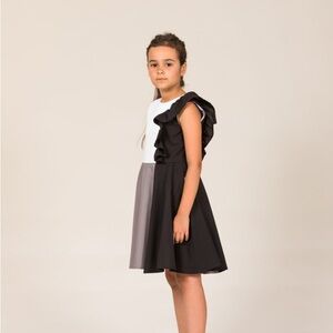 Alice Dress White with black stripes, grey & black